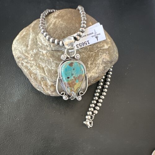 Navajo Blue Turquoise Pendant Necklace | Sterling Silver Pearls | Authentic Native American Handmade | 15653