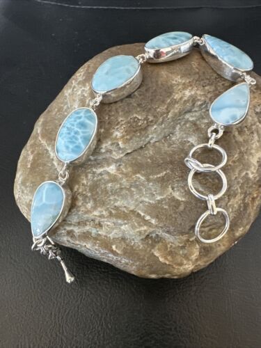 Navajo Blue Larimar Link Bracelet | Sterling Silver | 8" | Authentic Native American Handmade | 16081