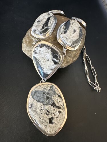 Navajo XL White Buffalo Turquoise Lariat Necklace | Authentic Native American Sterling Silver | 14992