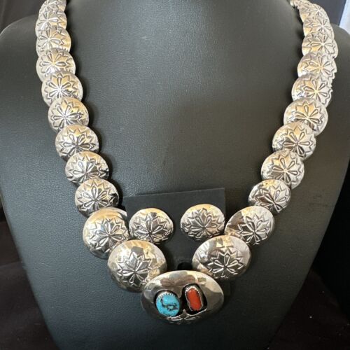 Navajo Coral Turquoise Necklace | Graduated Sterling Silver Pillow Stamped | 15636