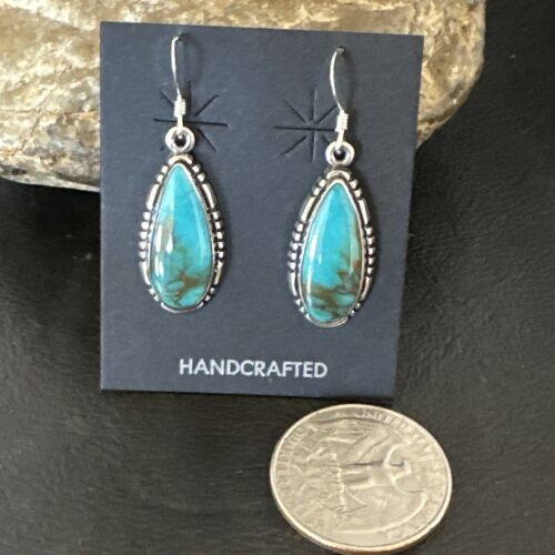 Navajo Blue Turquoise Dangle Earrings | Sterling Silver | Authentic Native American Handmade | 16505