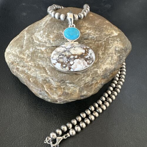 Navajo Wild Horse Blue Kingman Turquoise Necklace | Sterling Silver | Authentic Native American Handmade | 17323