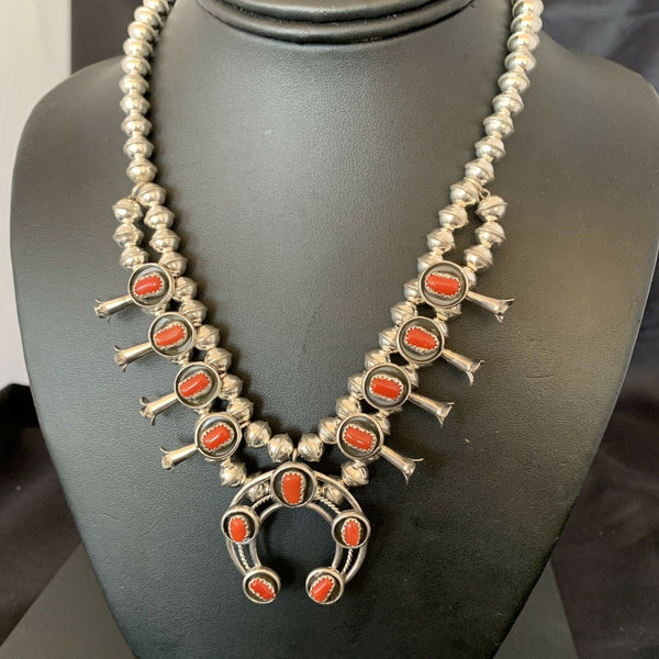 Navajo Coral Squash Blossom Necklace & Earrings | Sterling Silver Shadow Box | Authentic Native American Handmade | 10888