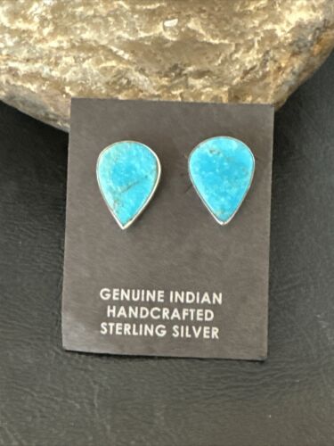 Navajo Blue Kingman Turquoise Post Stud Earrings | Sterling Silver | Authentic Native American Handmade | 17408