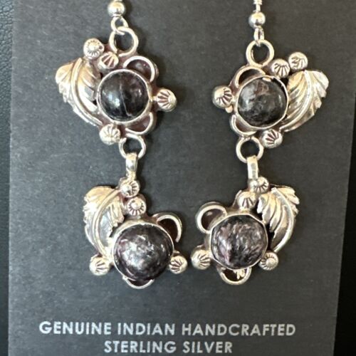 Navajo Purple Sugilite Dangle Earrings | Sterling Silver | 2" | Authentic Native American Handmade | 15691