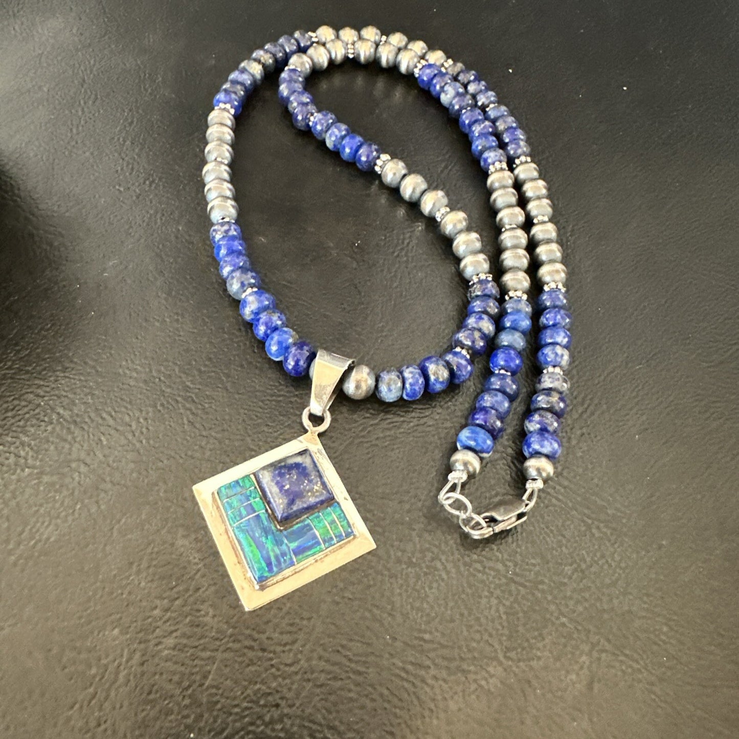 Mens Womens Blue Lapis Opal Navajo Sterling Silver Pendant Necklace 21”18339