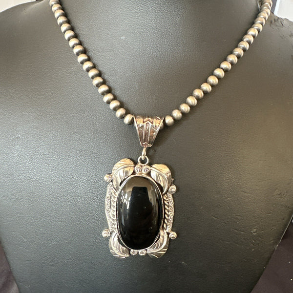Men's Women's Black Onyx Pendant Navajo Beads Necklace | Sterling Silver | Authentic Native American Handmade | 18298