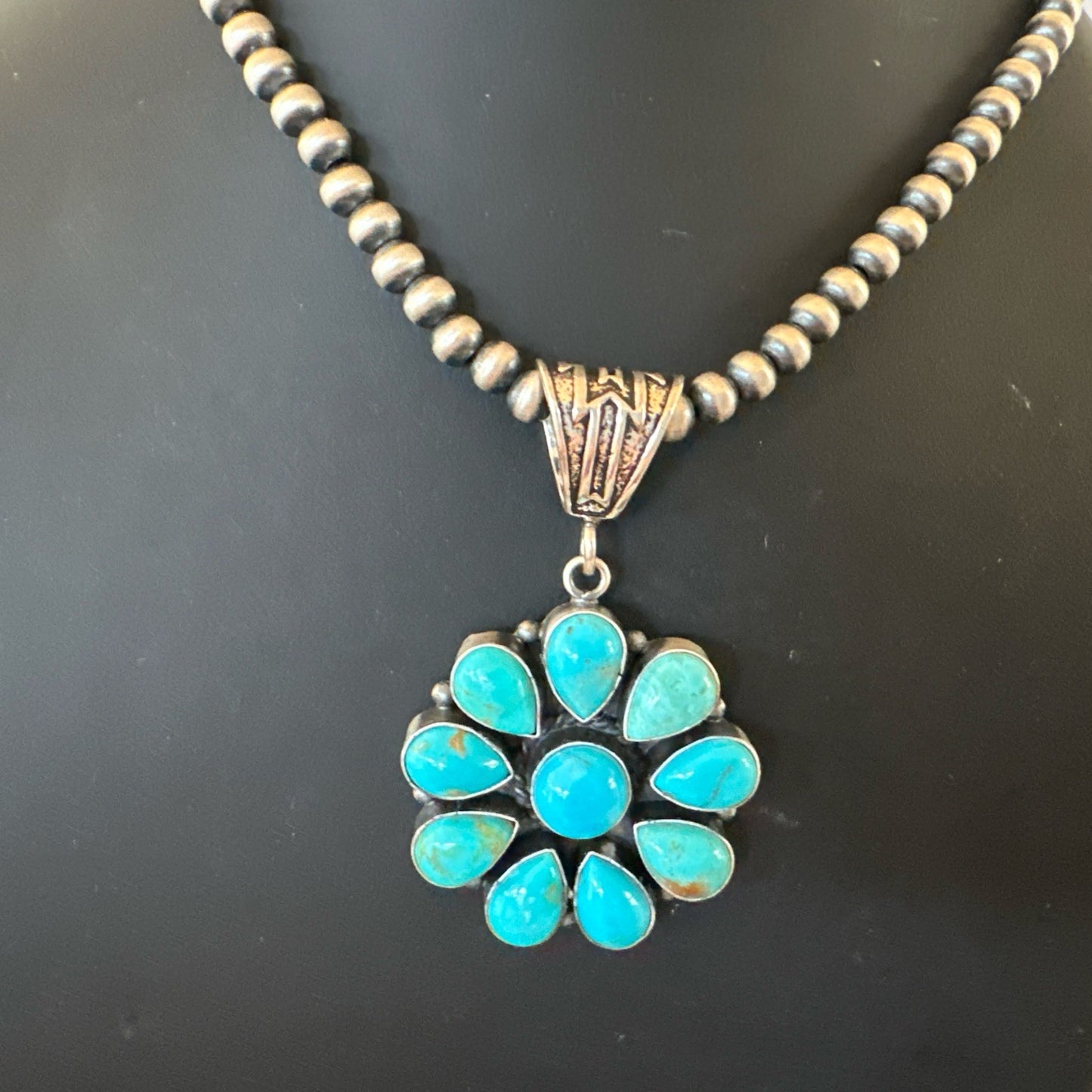 Blue Turquoise Navajo Sterling Silver Cluster Round Pendant Necklace 2”19316