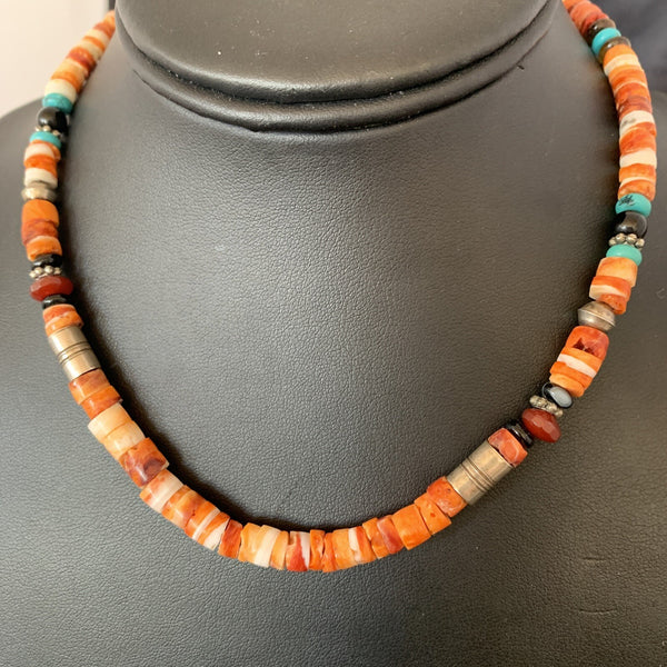 Turquoise Spiny Oyster Coral Beads Gold Necklace | Sterling Silver | Authentic Native American Handmade | 10394