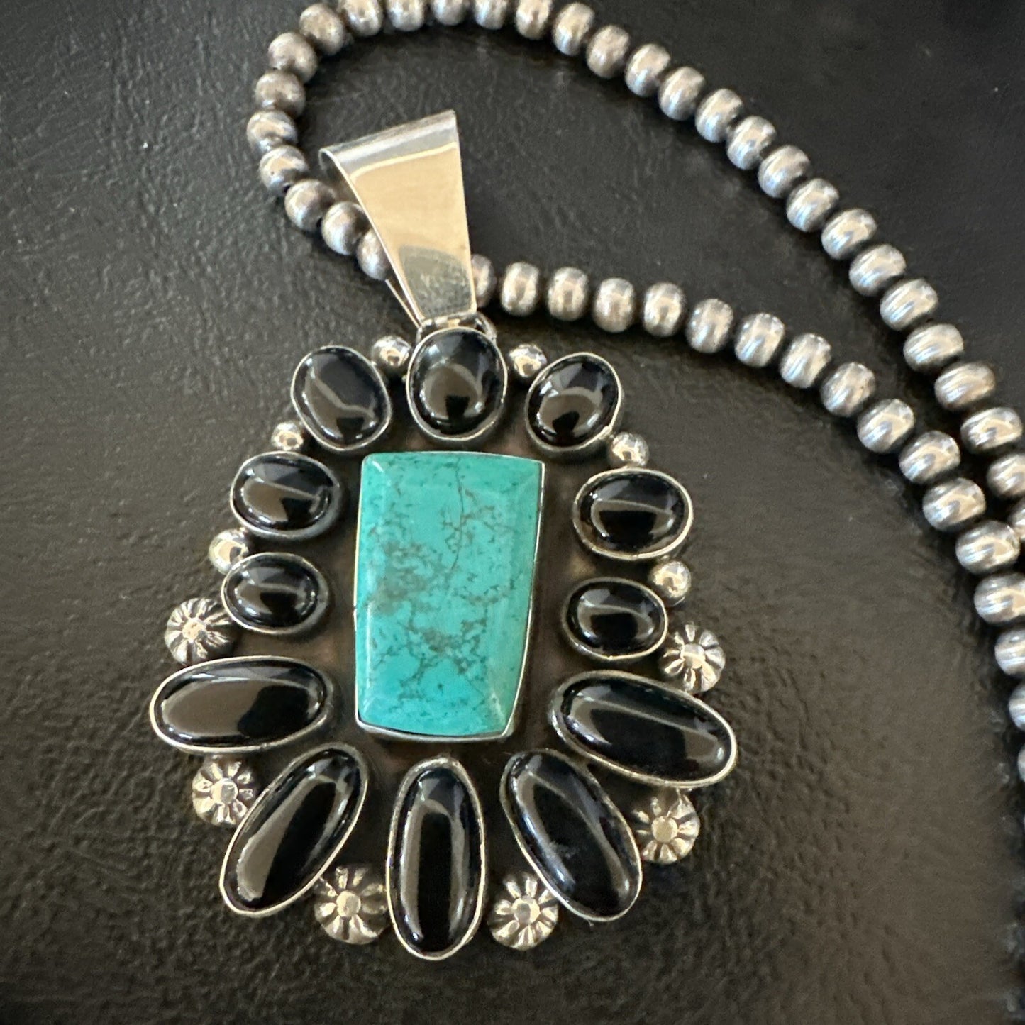 Womens Black Onyx Blue Turquoise Pendant Navajo Sterling Silver Necklace 18401