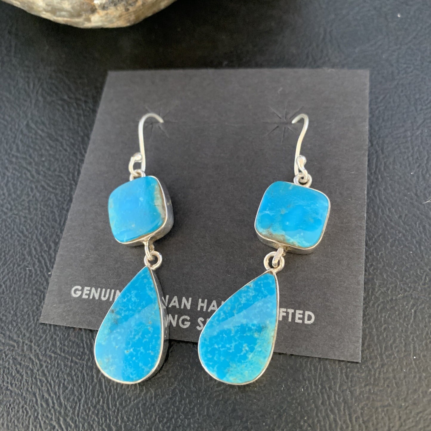 Kingman Turquoise Handmade Navajo Sterling Silver Dangle Earrings 1.5" 14012