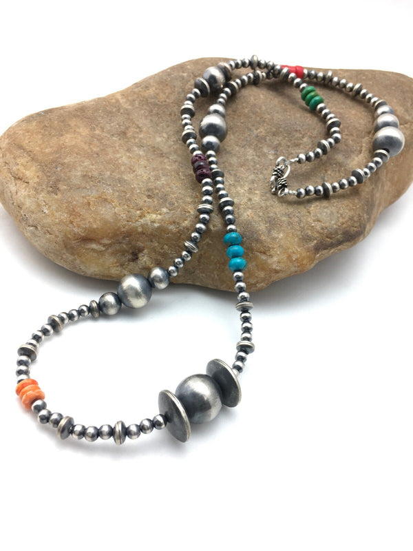Turquoise Coral Spiny Oyster Navajo Pearls Bead Necklace 24" | Sterling Silver | Authentic Native American Handmade