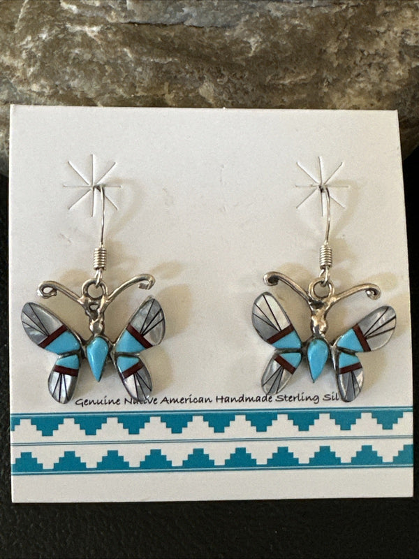 Butterfly Multicolor Turquoise MOP Inlay Earrings | Sterling Silver | Authentic Native American Handmade | 19816
