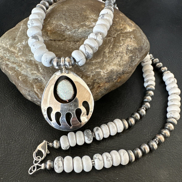 Men's White Opal BearPaw Pendant Navajo Howlite Necklace | Sterling Silver | Authentic Native American Handmade | 17884