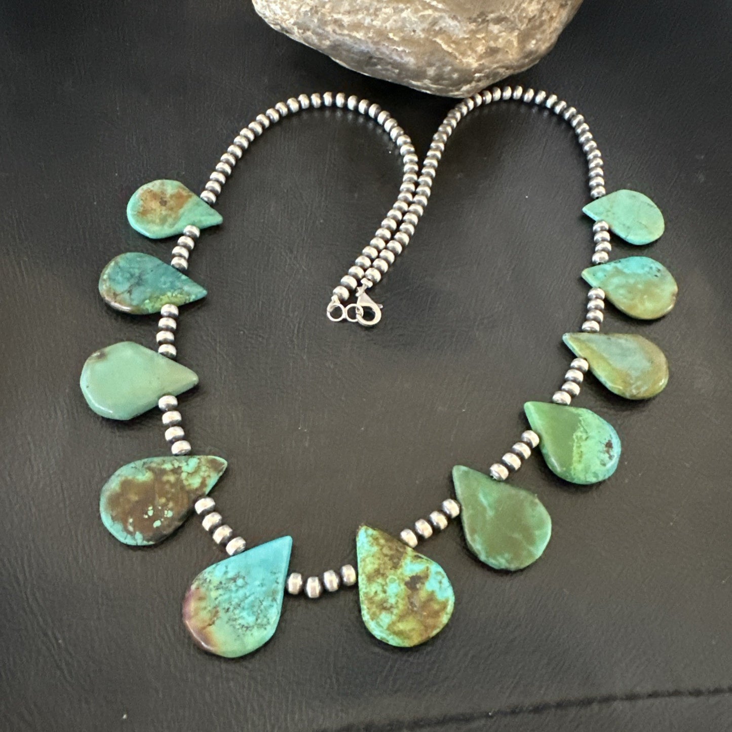 Blue Green Turquoise Teardrop Navajo Pearls Sterling Silver Necklace 14390