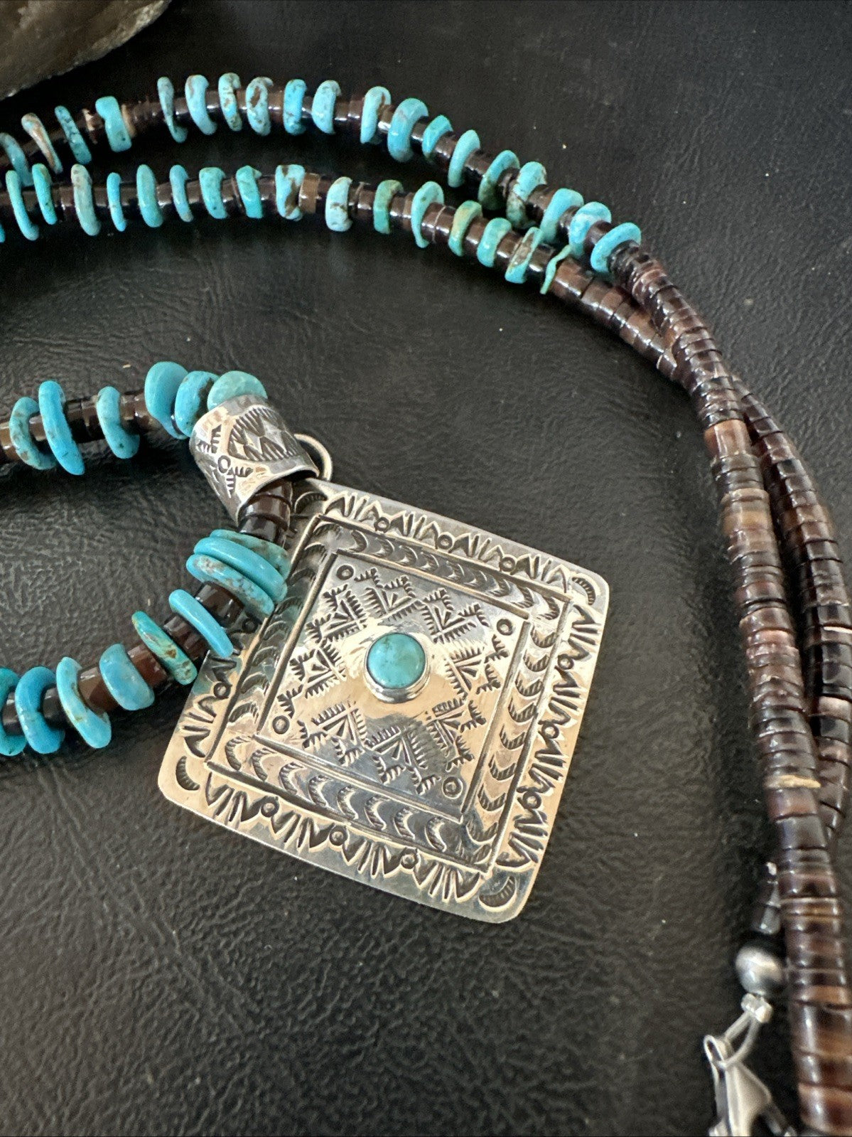 Navajo Blue Turquoise Stamped Pendant Shell Sterling Silver 25” Necklace 19709