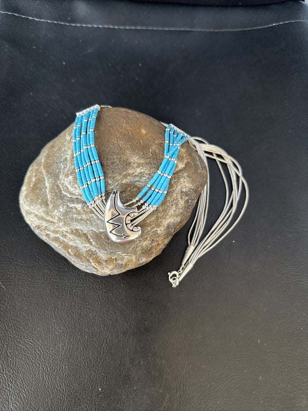Bear Pendant Turquoise 5 Strand Heishi Liquid Necklace | Sterling Silver | Authentic Native American Handmade | 14822