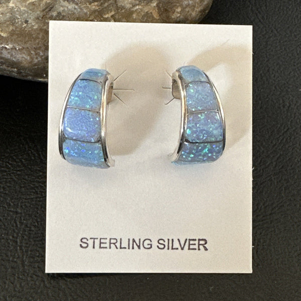 Blue Faux Opal Stud Inlay Navajo Earrings | Sterling Silver | Authentic Native American Handmade | 19261