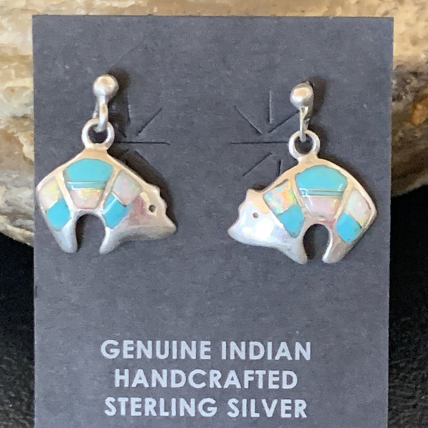 Women's Turquoise White Opal Inlay Navajo Dangle Earrings | Sterling Silver | Authentic Native American Handmade | 12773
