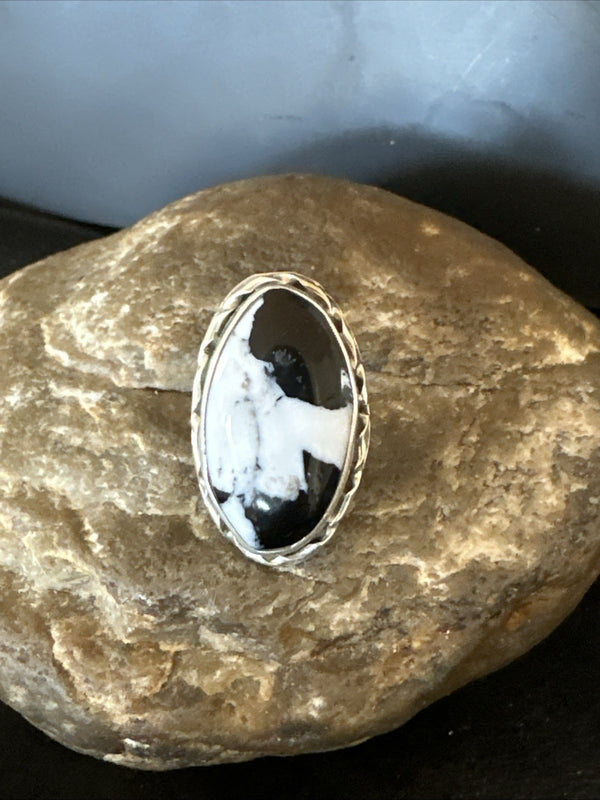 Black White Buffalo Turquoise Navajo Ring Size 7 | Sterling Silver | Authentic Native American Handmade | 19806