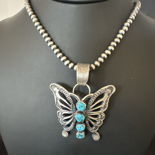 Butterfly Blue Kingman Turquoise Pendant Navajo Necklace | Sterling Silver | Authentic Native American Handmade | 19295
