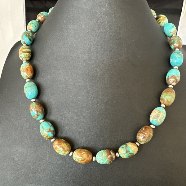 Green Blue Royston Turquoise Navajo Beads Necklace 18" | Sterling Silver | Authentic Native American Handmade | 19562