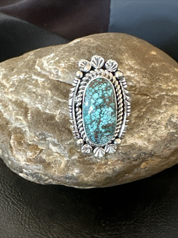 Navajo Spiderweb Turquoise Adjustable Ring Sz 8 | Sterling Silver | Authentic Native American Handmade | 19616