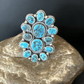 Navajo Cluster Blue Kingman Turquoise Adjustable Ring Sz 7 | Sterling Silver | Authentic Native American Handmade | 18794