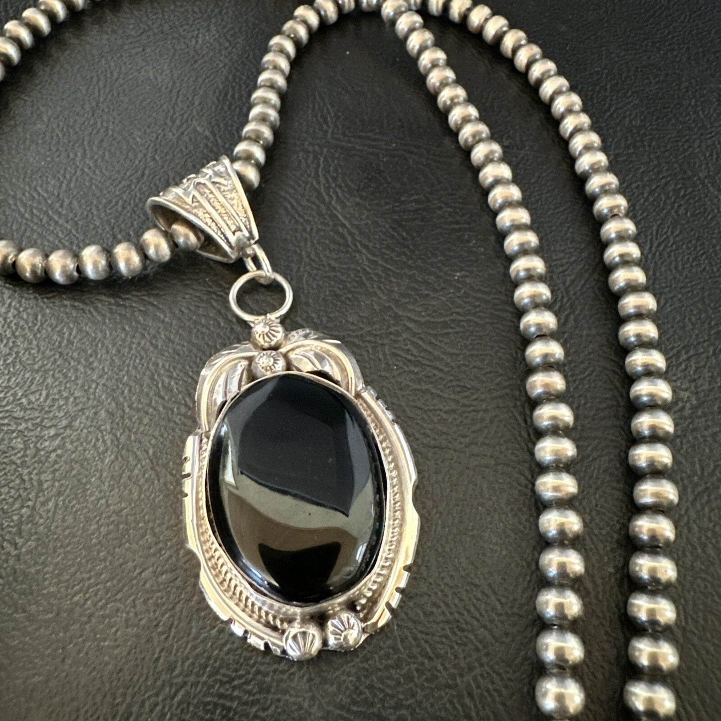 Mens Sterling Silver Beads Black Onyx Pendant Necklace 17992