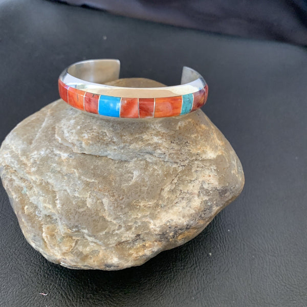 Men's Red Spiny Turquoise Navajo Inlay Bracelet | Sterling Silver | Authentic Native American Handmade | 1647