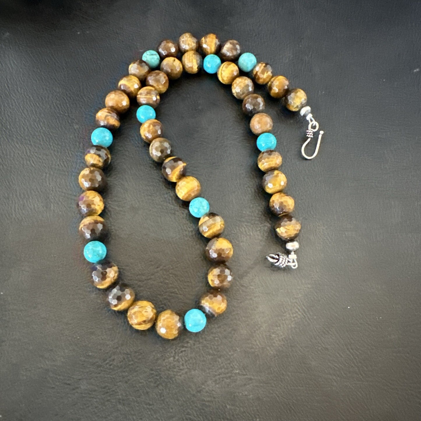 WoMens Tiger Eye Blue Turquoise Sterling Silver Beads Necklace 19” 18169