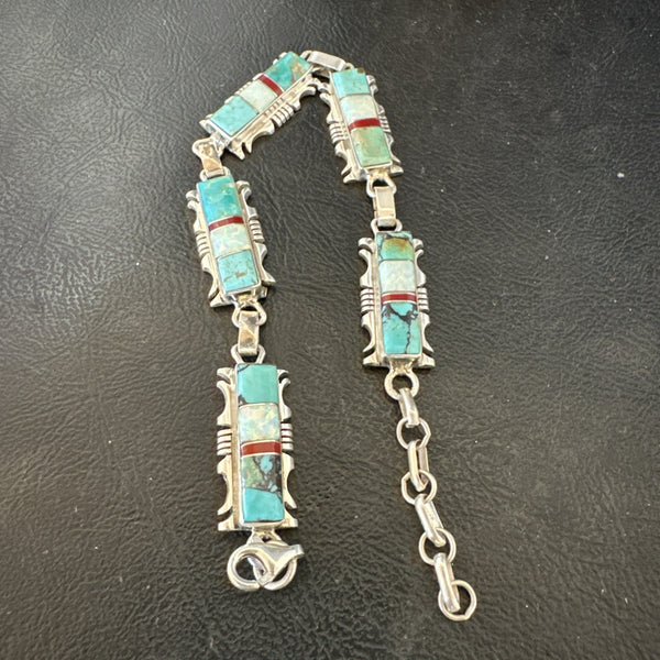 A Women's Blue Turquoise Opal Navajo Link Bracelet 9" | Sterling Silver | Authentic Native American Handmade | 19791