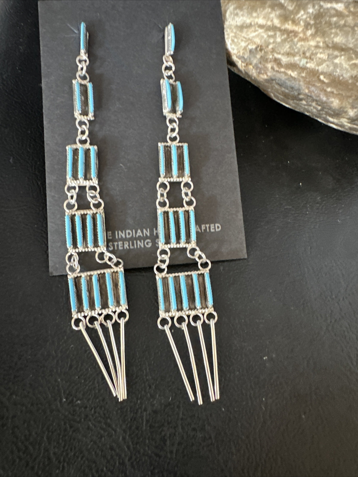 Kingman Turquoise Needle Point Zuni Sterling Silver 5 Tier Dangle Earrings 18636