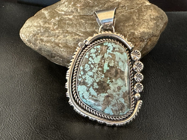 XL Men Women Blue Turquoise Pendant Navajo Yazzie | Sterling Silver | Authentic Native American Handmade | 19526