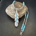 Men's Feather Turquoise Pendant Navajo Beads Necklace 22" | Sterling Silver | Authentic Native American Handmade | 18669