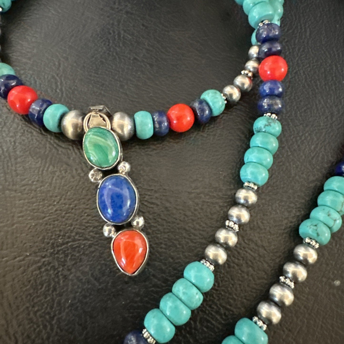 Multicolor Turquoise Coral Navajo Sterling Silver Cluster Pendant Necklace 19646