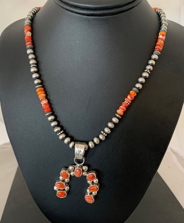 Red Spiny Oyster Naja Pendant Navajo Pearls Necklace | Sterling Silver | Authentic Native American Handmade | 00284