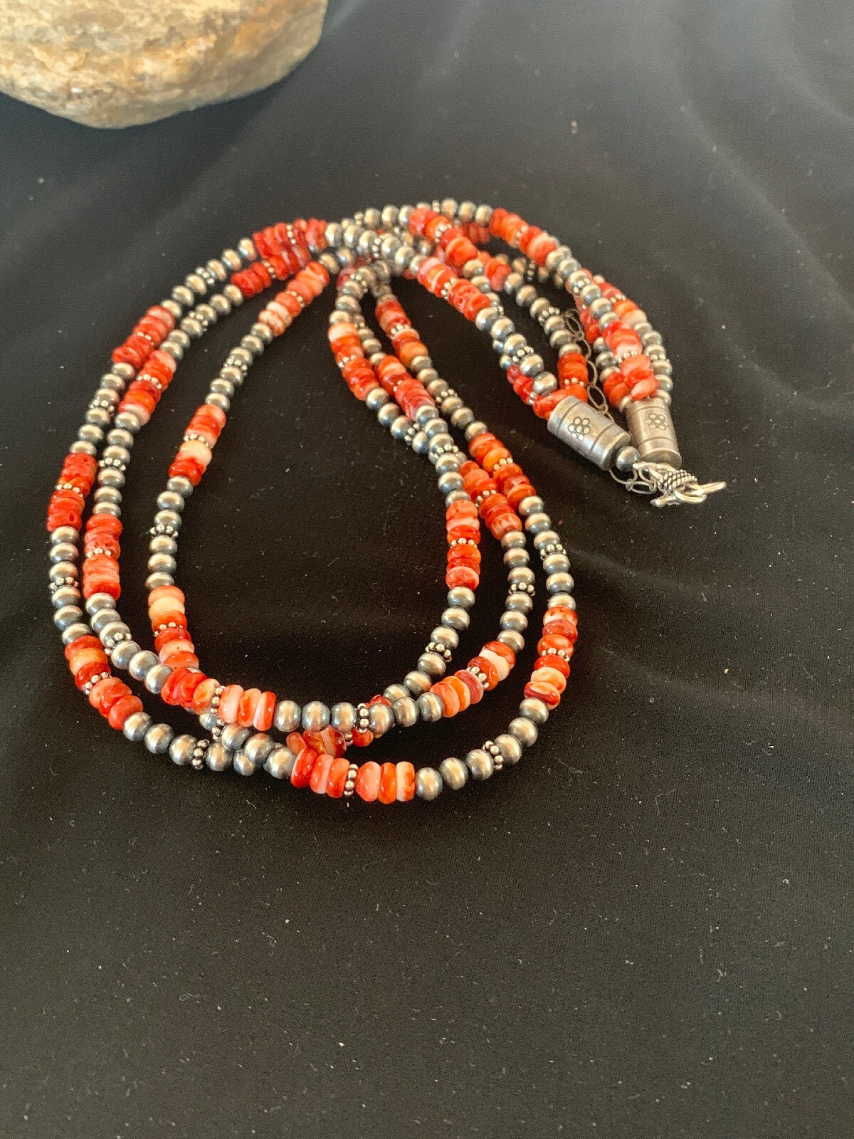 Red Spiny Oyster 3 Strands Navajo Pearls Sterling Silver Necklace 03172