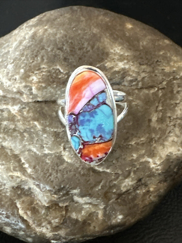 Blue Turquoise Spiny Oyster Southwestern Ring Size 8 | Sterling Silver | Authentic Native American Handmade | 18437