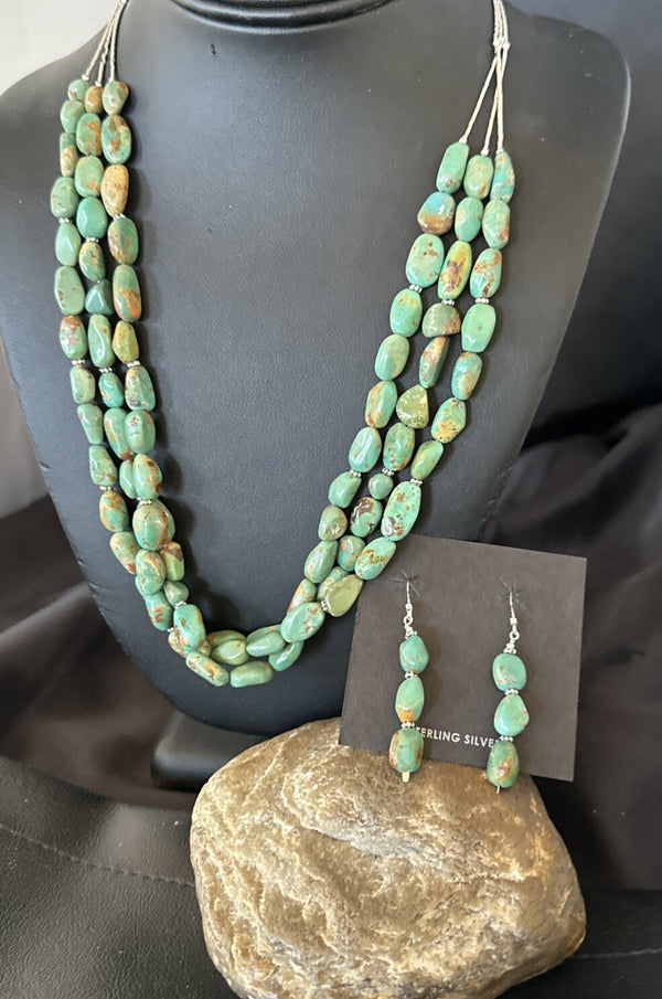 Green Turquoise Heishi 3S Navajo 22"Necklace Earrings | Sterling Silver | Authentic Native American Handmade | 18568