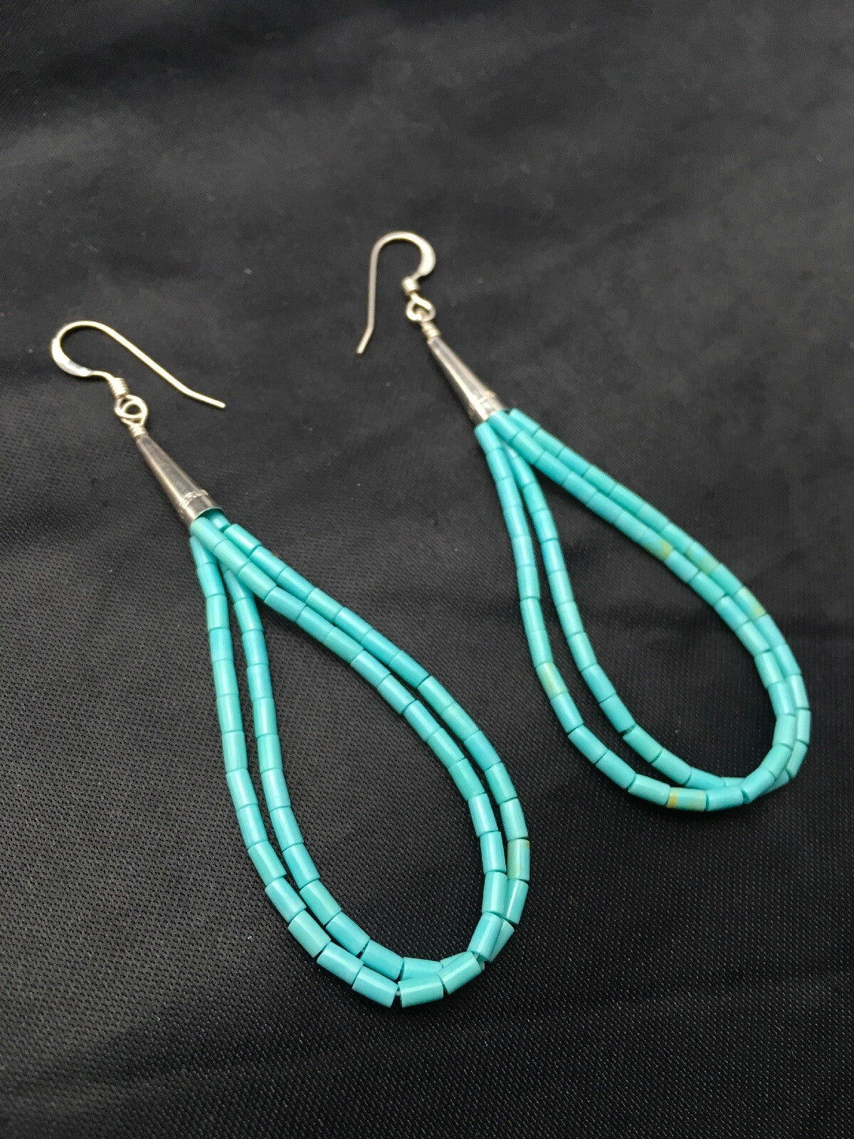 Native Blue Turquoise Liquid Sterling Silver Heishi Dangle 2.5" Earrings 04372