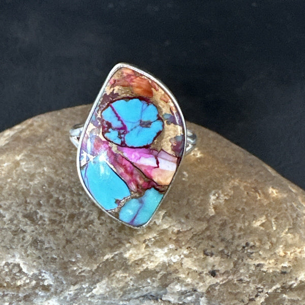Blue Turquoise Spiny Oyster Navajo Ring Size 7.5 | Sterling Silver | Authentic Native American Handmade | 18235