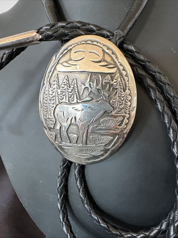 H Joe Men's Stamped Reindeer Navajo Bolo Tie | Sterling Silver | Authentic Native American Handmade | 19425