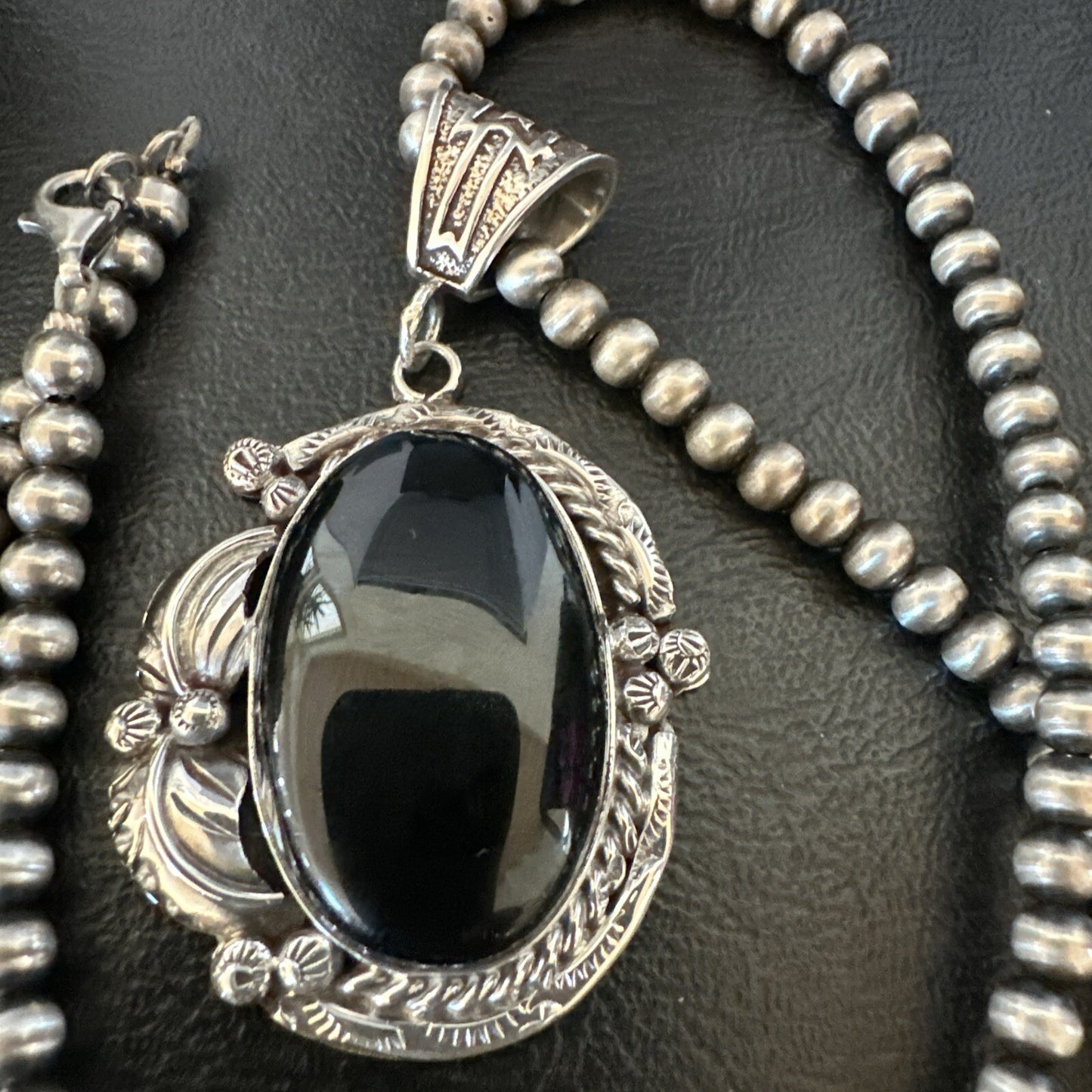Mens Womens Black Onyx Pendant Navajo Sterling Silver Beads Necklace 18297