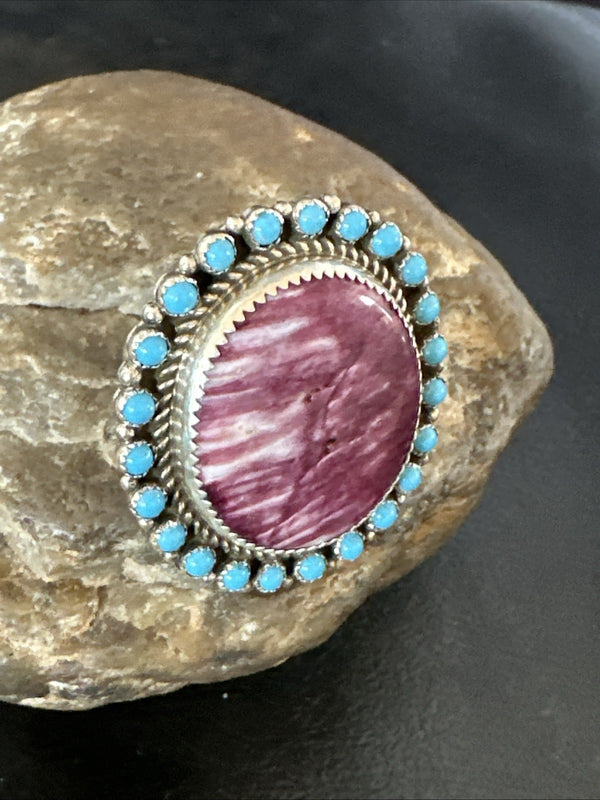 Cluster Kingman Turquoise Purple Spiny Navajo Ring Sz 10 | Sterling Silver | Authentic Native American Handmade | 19104