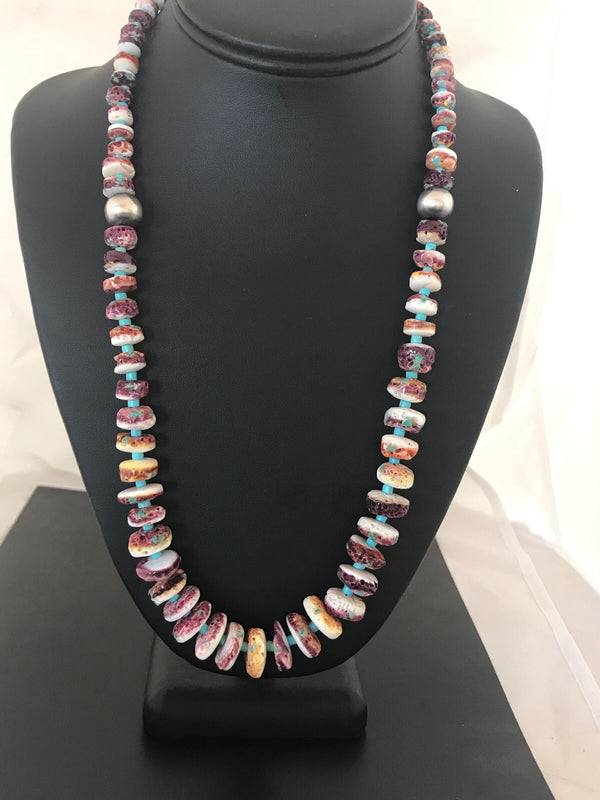 Purple Spiny Oyster Turquoise Bead Navajo Necklace | Sterling Silver | Authentic Native American Handmade | 08439