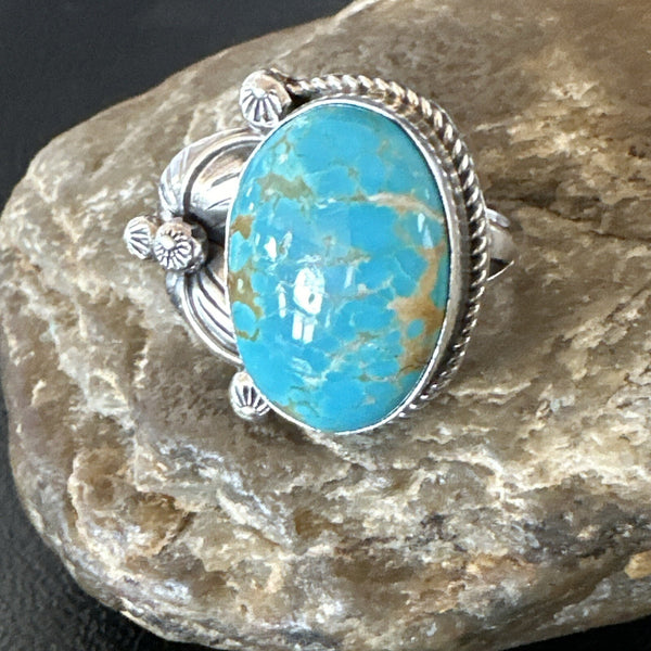 Navajo Blue Turquoise #8 Ring Sets Sz 8 | Sterling Silver | Authentic Native American Handmade | 18106