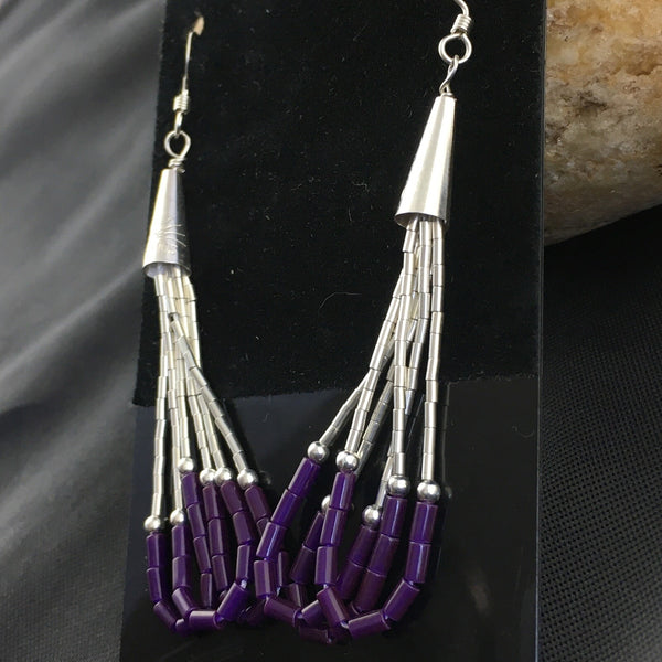 Purple Stone 3 Strands Heishi Liquid Dangle Earrings | Sterling Silver | Authentic Native American Handmade | 1997