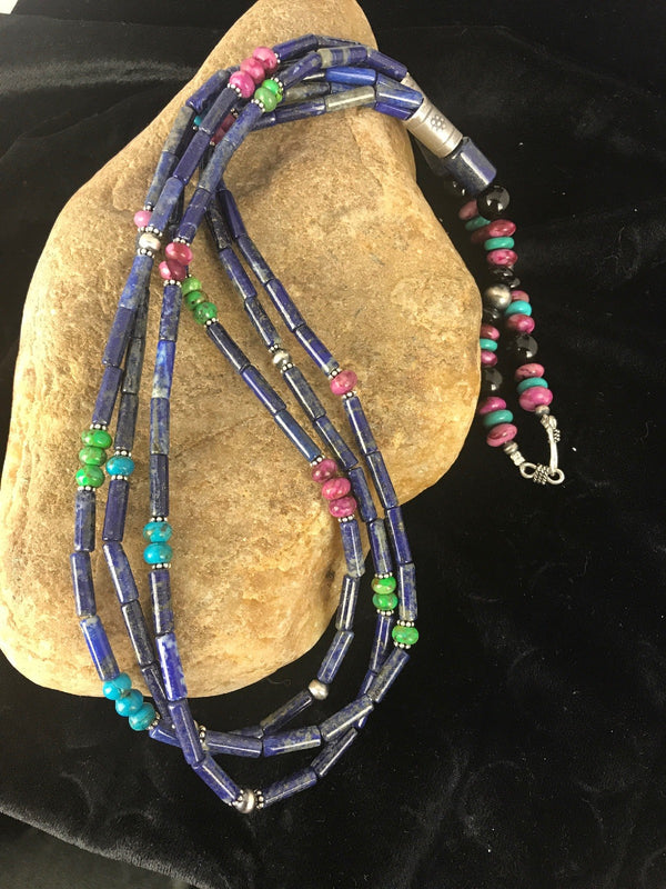 Denim Lapis Multi Strands Navajo Necklace 22" | Sterling Silver | Authentic Native American Handmade | 03342