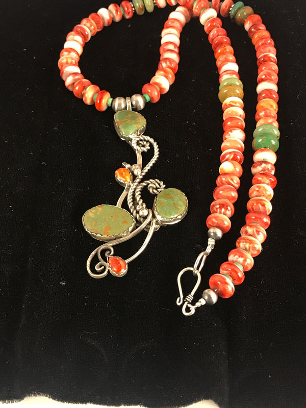 Green Turquoise, Spiny Oyster Pendant Beads Necklace | Sterling Silver | Authentic Native American Handmade | 8486
